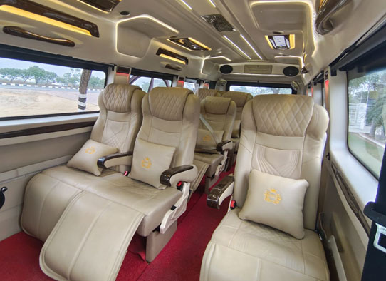 fully recliner seats luxury tempo traveller with fridge heater hire in delhi