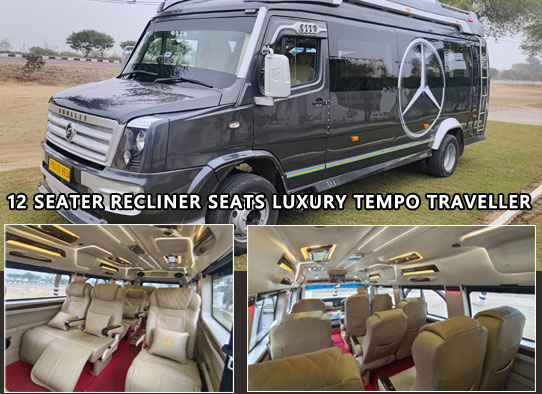 12 seater recliner seats luxury tempo traveller with fridge heater on rent in delhi